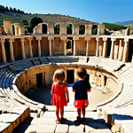 **Image Prompt:** Ancient Greek ruins in Cyprus, family exploring, Corion, sunny day, historic site, children imagining stories of heroes and gods, Roman amphitheater in the background.