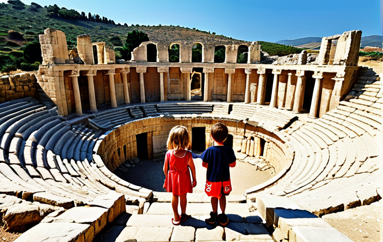 **Image Prompt:** Ancient Greek ruins in Cyprus, family exploring, Corion, sunny day, historic site, children imagining stories of heroes and gods, Roman amphitheater in the background.