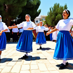 A vibrant outdoor summer music and dance festival in Cyprus. A diverse crowd of fully clothed people, including families and children, are joyfully dancing and enjoying live music on an open-air stage. Some participants are wearing modest, traditional Cypriot folkloric costumes in vivid colors, performing a traditional dance. The atmosphere is joyful and lively, under a clear blue sky, with hints of Mediterranean scenery in the background. perfect anatomy, correct proportions, natural poses, well-formed hands, proper finger count, natural body proportions, professional photography, high quality, safe for work, appropriate content, fully clothed, family-friendly.