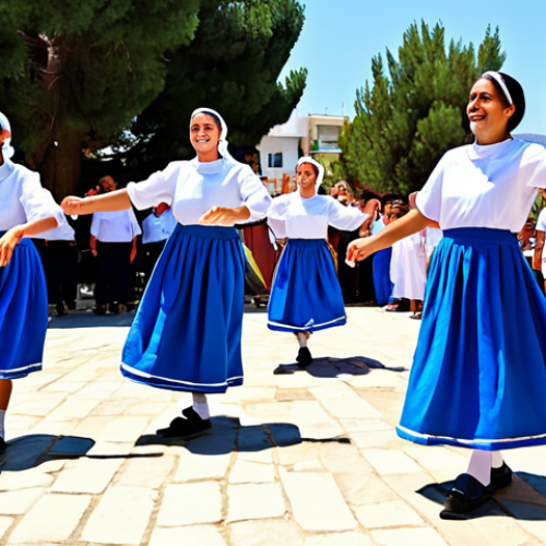 Home 14 A vibrant outdoor summer music and dance festival in Cyprus. A diverse crowd of fully clothed people, including families and children, are joyfully dancing and enjoying live music on an open-air stage. Some participants are wearing modest, traditional Cypriot folkloric costumes in vivid colors, performing a traditional dance. The atmosphere is joyful and lively, under a clear blue sky, with hints of Mediterranean scenery in the background. perfect anatomy, correct proportions, natural poses, well-formed hands, proper finger count, natural body proportions, professional photography, high quality, safe for work, appropriate content, fully clothed, family-friendly.
