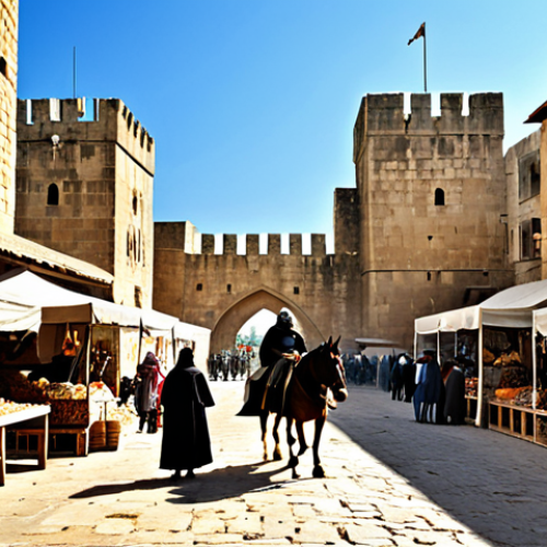 Home 5 Famagusta Walls - Medieval Scene**
"A bustling marketplace scene at the foot of the Famagusta city walls in Cyprus, medieval setting. Merchants in traditional, fully clothed attire display their wares. Knights on horseback, also fully clothed in appropriate armor, patrol the area. In the background, the imposing stone walls and towers of Famagusta rise majestically. Warm, golden sunlight. Perfect anatomy, correct proportions, natural poses. Safe for work, appropriate content, family-friendly, professional illustration, high quality."
**