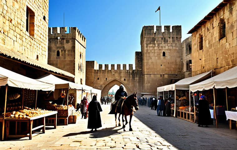 Famagusta Walls - Medieval Scene**

"A bustling marketplace scene at the foot of the Famagusta city walls in Cyprus, medieval setting. Merchants in traditional, fully clothed attire display their wares. Knights on horseback, also fully clothed in appropriate armor, patrol the area. In the background, the imposing stone walls and towers of Famagusta rise majestically. Warm, golden sunlight. Perfect anatomy, correct proportions, natural poses. Safe for work, appropriate content, family-friendly, professional illustration, high quality."

**