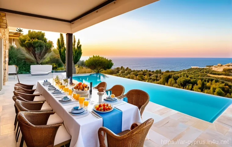 키프로스 숙소 예약 팁 - **Prompt 1: Luxury Villa Breakfast with Sea View**
    "A stunning, high-angle outdoor shot of a mod...