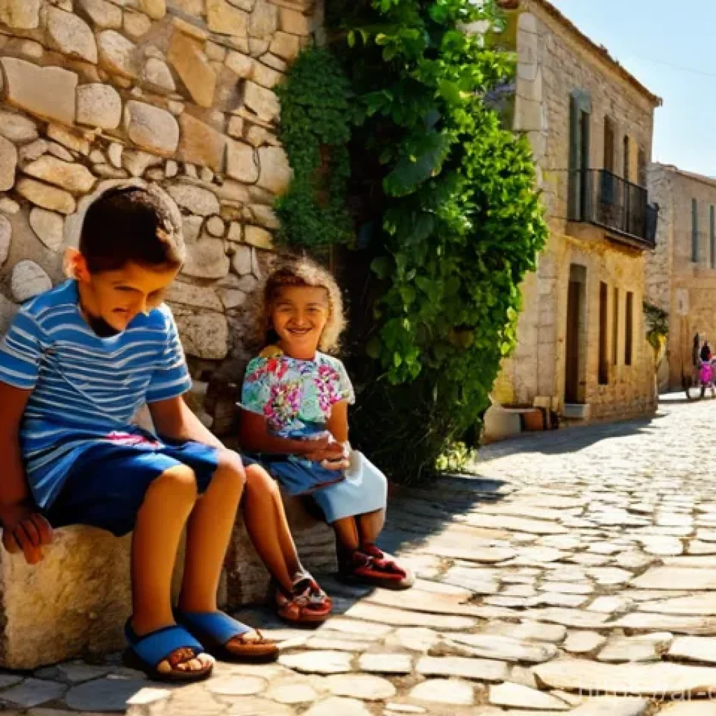키프로스 범죄율과 안전 정보 - **Prompt:** A heartwarming scene in a quaint Cypriot village during the golden hour. Children, appro...