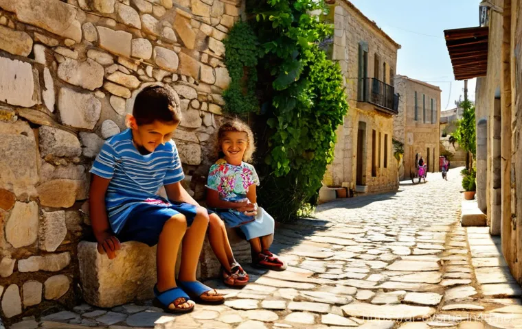 키프로스 범죄율과 안전 정보 - **Prompt:** A heartwarming scene in a quaint Cypriot village during the golden hour. Children, appro...