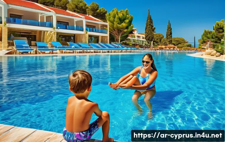 키프로스 호텔 리뷰 - **Image Prompt: Vibrant Family Resort in Cyprus**
    A bright, sunny outdoor scene at a luxurious f...