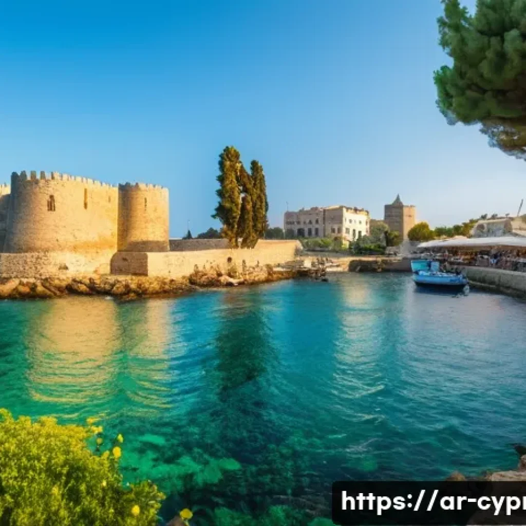 키프로스의 옛 도시들 - A panoramic view of the ancient city of Kyrenia in Cyprus during golden hour, showcasing the medieva...