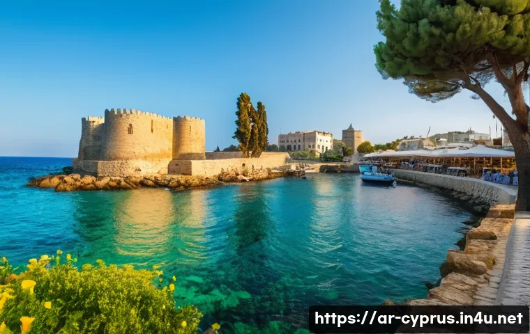 키프로스의 옛 도시들 - A panoramic view of the ancient city of Kyrenia in Cyprus during golden hour, showcasing the medieva...