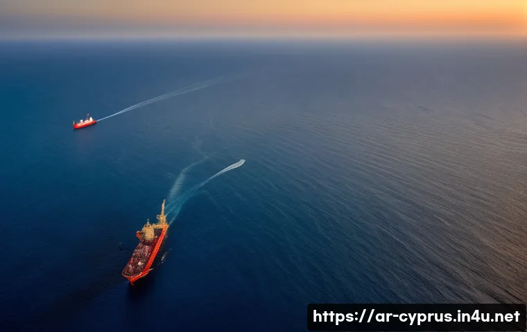키프로스와 주변국 간의 갈등 - A detailed aerial view of the Eastern Mediterranean Sea near Cyprus, highlighting offshore oil and n...