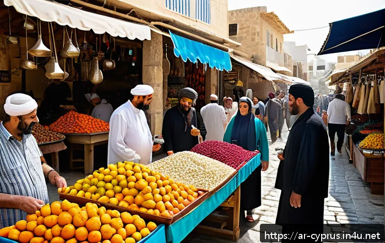키프로스에서 영어 사용 가능성 - A vibrant outdoor market scene in Cyprus during the day, featuring Arabic-speaking visitors and loca...