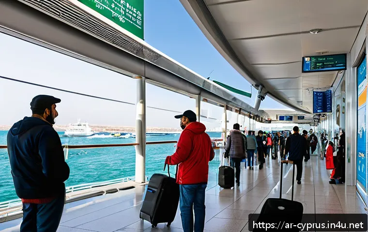 키프로스와 그리스 간 페리 - A vibrant scene of a modern ferry terminal in Limassol, Cyprus, bustling with travelers preparing fo...