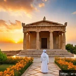 키프로스 아프로디테의 전설 - A majestic ancient temple ruin of Aphrodite in Paphos, Cyprus, bathed in golden sunset light, surrou...