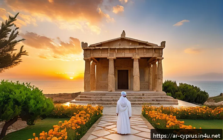 키프로스 아프로디테의 전설 - A majestic ancient temple ruin of Aphrodite in Paphos, Cyprus, bathed in golden sunset light, surrou...