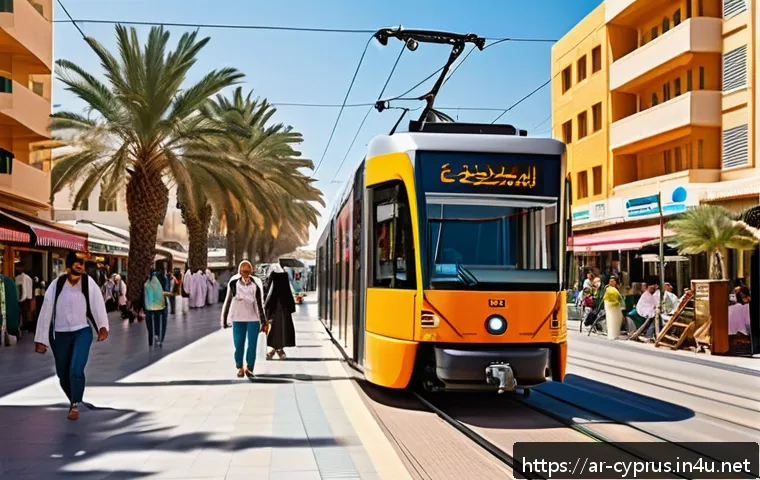 키프로스 대중교통 이용법 - A vibrant urban scene in Cyprus showing a modern tram gliding smoothly through a bustling city stree...