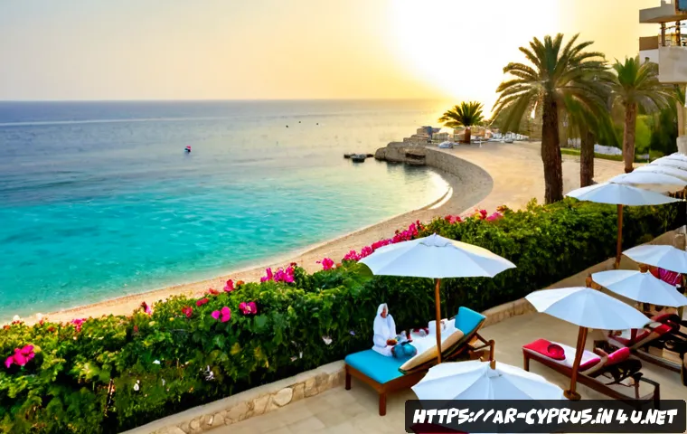 키프로스 해변 리조트 - Photorealistic Cyprus beach resort at sunrise, elegant white stone hotel terraces overlooking a calm...