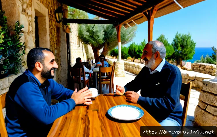 Home 17 키프로스의 언어와 방언 - Photorealistic wide-angle scene in a sunlit Cypriot village café, a friendly Arabic-speaking family ...