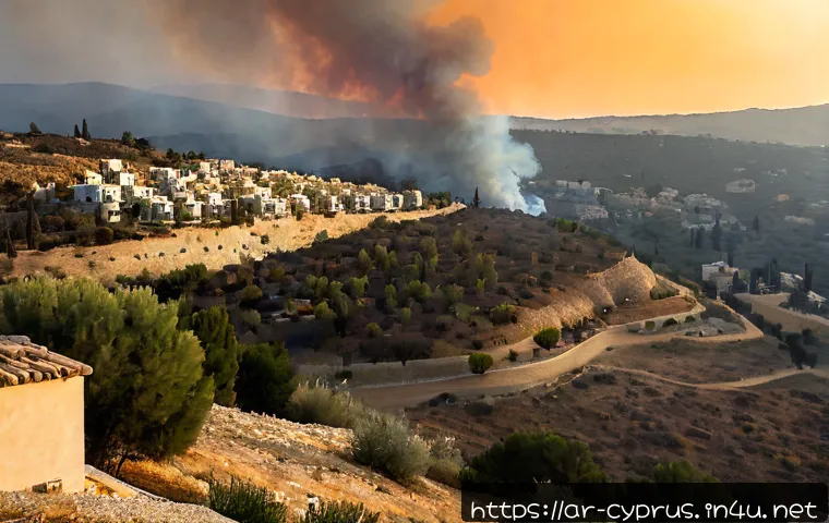 키프로스에서 자주 발생하는 자연재해 - Photorealistic Cyprus summer wildfire near a dry pine-covered hillside, controlled view of orange fl...